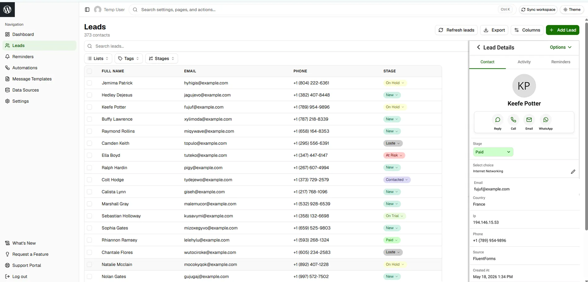 PloverCRM dashboard UI showing lead management and lead details