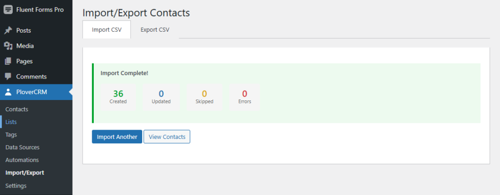Importing Contacts (CSV) 5 Import results screen