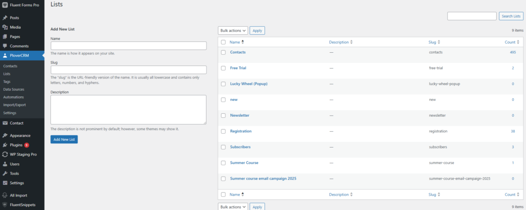 Creating and Managing Lists 1 Add New List screen