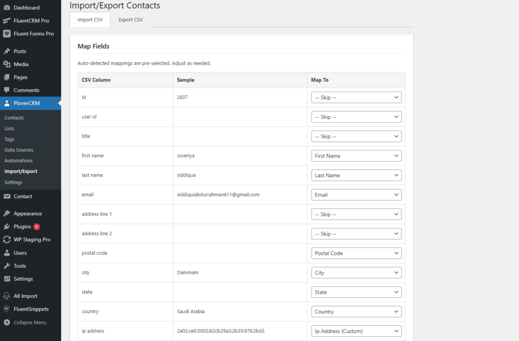 Importing Contacts (CSV) 3 Field mapping screen
